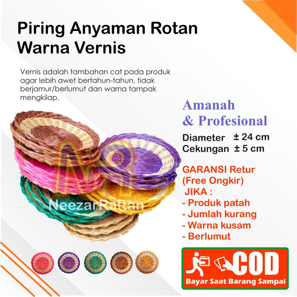 Piring Makan anyaman Rotan cantik warna asli Unik cekung kecil  VERNIS